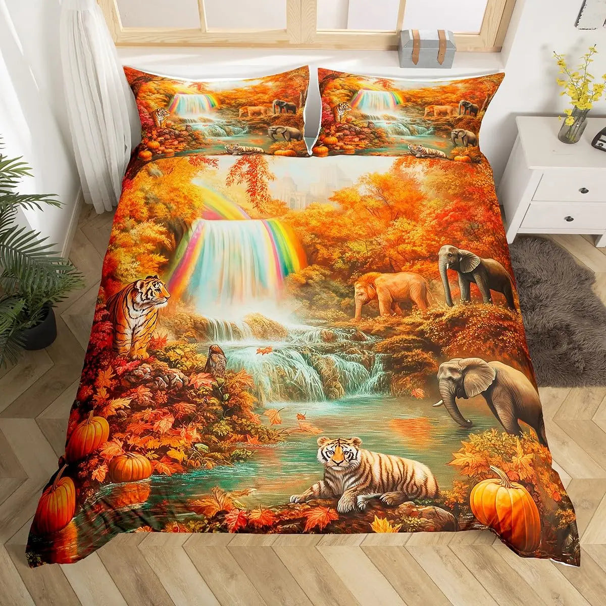 A vibrant wildlife print duvet cover featuring a waterfall scene with tigers and elephants in autumn foliage.