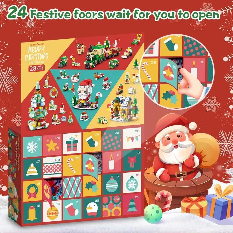 A festive Christmas advent calendar box filled with 24 themed toys and building blocks for opening.