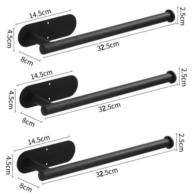 A black stainless steel wall-mounted paper towel holder with a flat plate and a long rod.