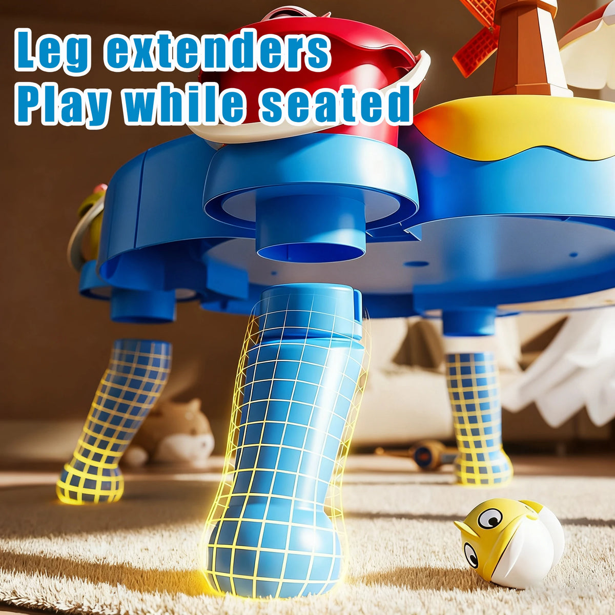 A colorful magnetic fishing game toy with leg extenders is shown on a carpet.
