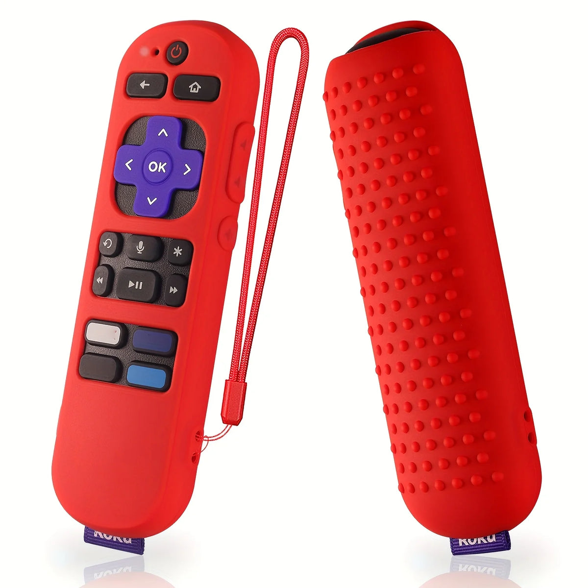 A red silicone remote cover for a Roku device, shown with its cord and standalone.