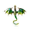 A detailed enamel dragon brooch featuring green and black scales with rhinestone accents.