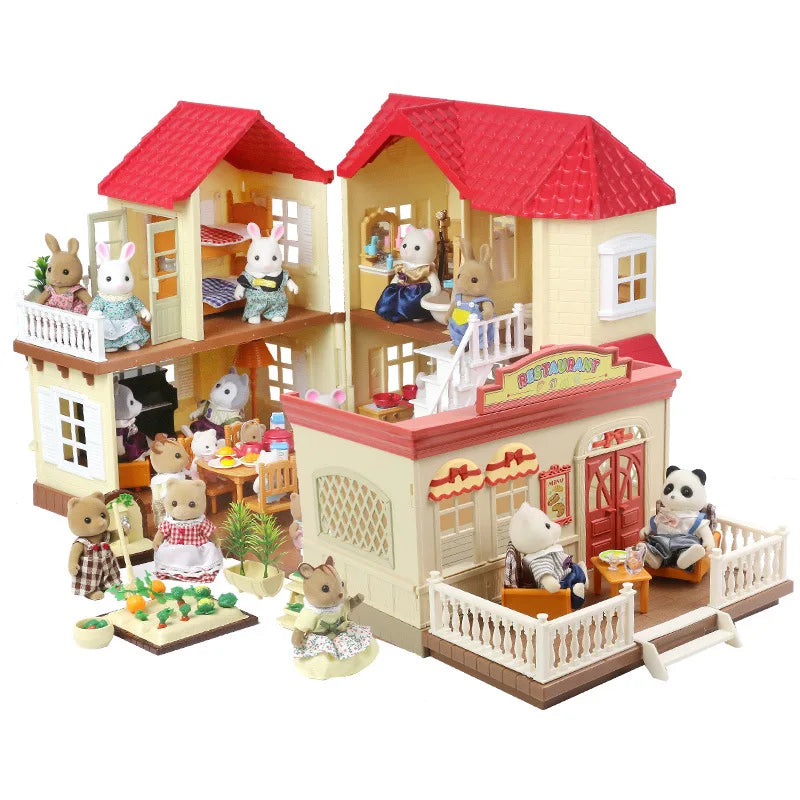 A miniature dollhouse set featuring a forest animal theme with houses, furniture, and small figures.