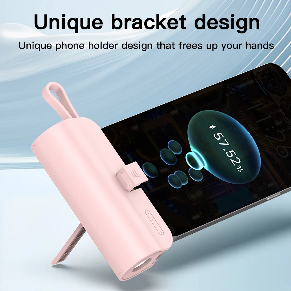 Pocket-Size 5000mAh Power Bank with Built-in Cable, LED Light & Phone Stand