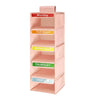 A pink 5-layer weekly hanging closet organizer with labeled daily pockets for Monday through Friday.