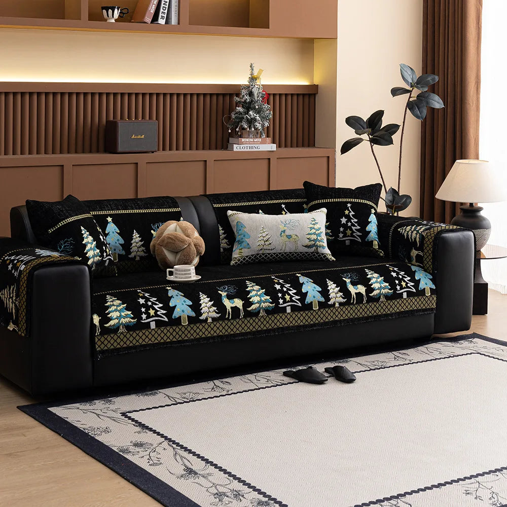 Festive Chenille Christmas Sofa Cover with Deer & Tree Pattern