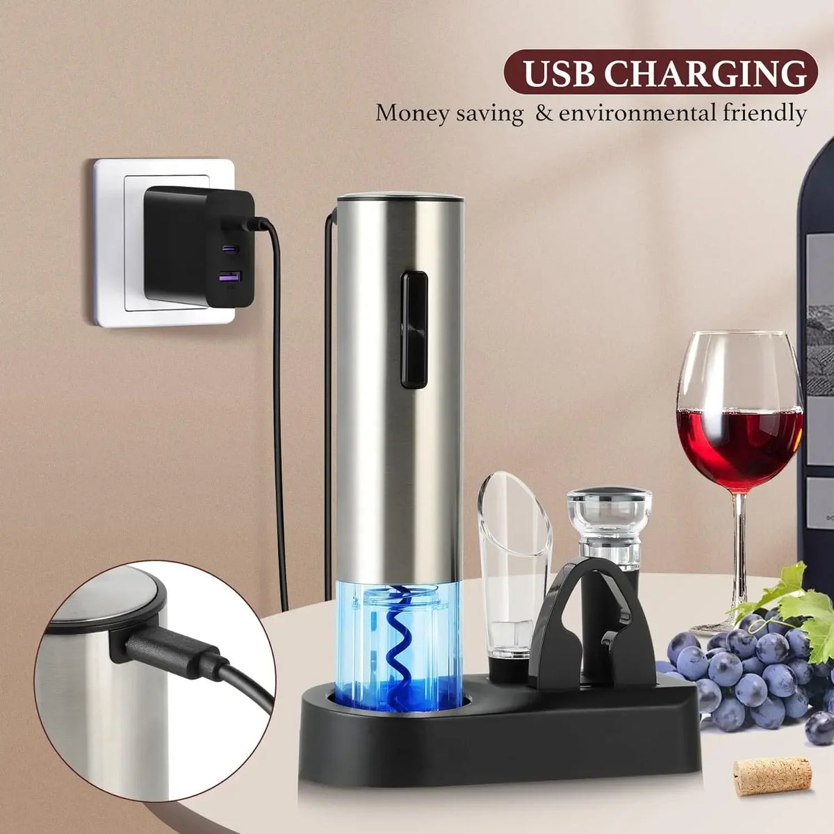 A silver electric wine opener set with a glass, served on a black coaster, demonstrating USB charging.