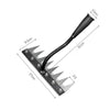 A black garden hand rake with a long, flexible handle and a wooden-like head.