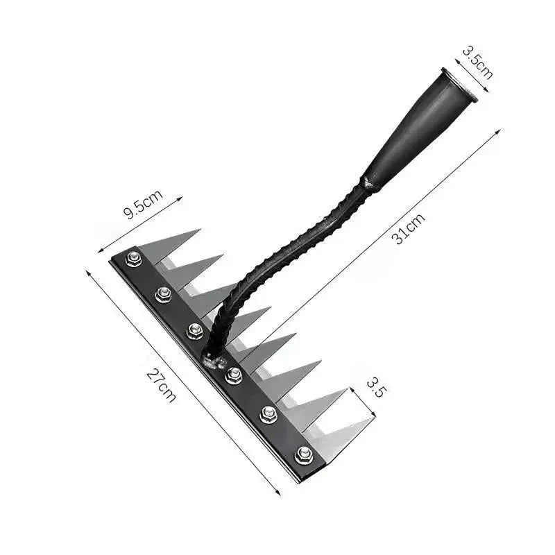 A black garden hand rake with a long, flexible handle and a wooden-like head.