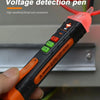 A hand holds a DBT-02A voltage detection pen with an orange and black body, demonstrating its use.