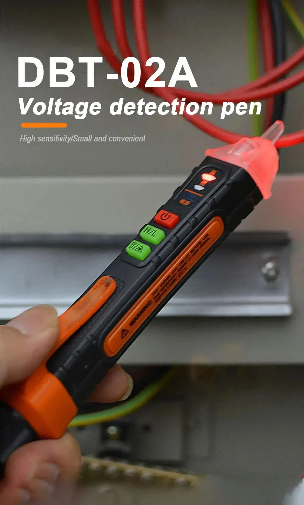 A hand holds a DBT-02A voltage detection pen with an orange and black body, demonstrating its use.