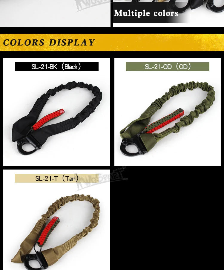 Various colors of a quick-release tactical rifle sling shown in black, olive green, and tan.