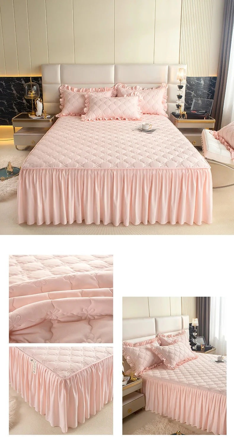 Quilted Solid Color Bed Skirt with Pleated Ruffle