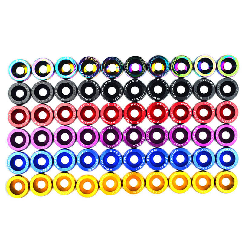 A collection of various colored aluminum JDM fender washers and bolts arranged in a grid.