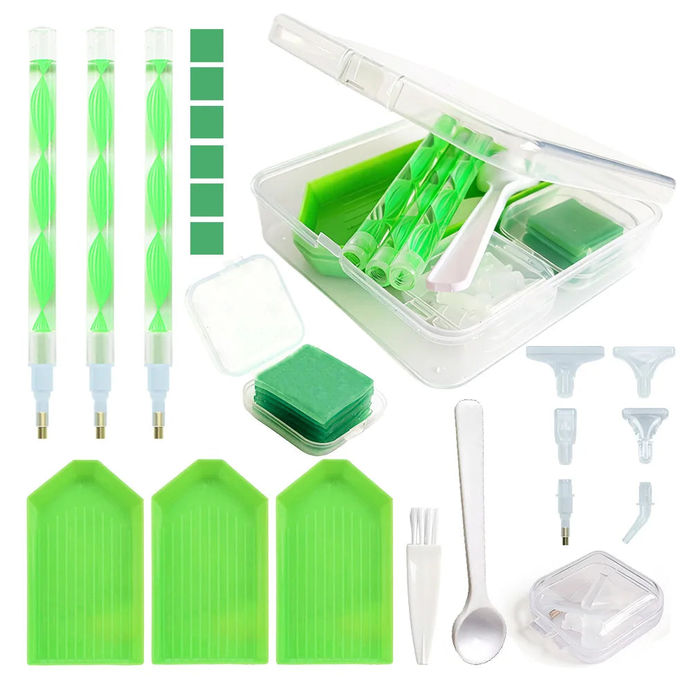 A complete diamond painting accessory kit featuring tools, storage box, and green plastic pieces.
