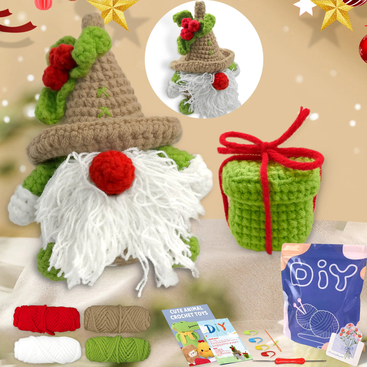 A beginner crochet kit featuring a knitted white beard and green outfit, along with yarn and tools for animal crafts.