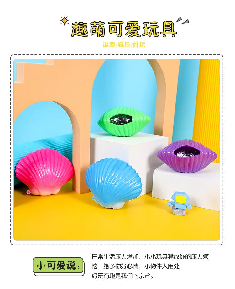 A colorful set of mermaid shell squeeze toys and a small fidget tool displayed in an orange and blue background.
