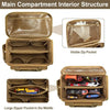 Interior view of a brown heavy-duty tool bag showing various padded and zippered storage compartments