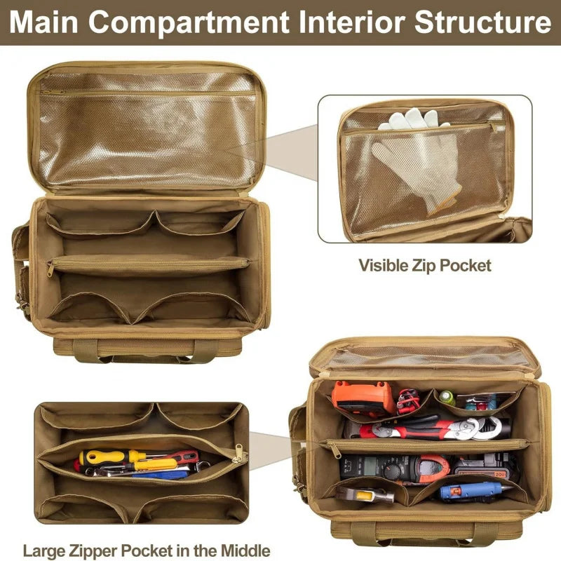 Interior view of a brown heavy-duty tool bag showing various padded and zippered storage compartments