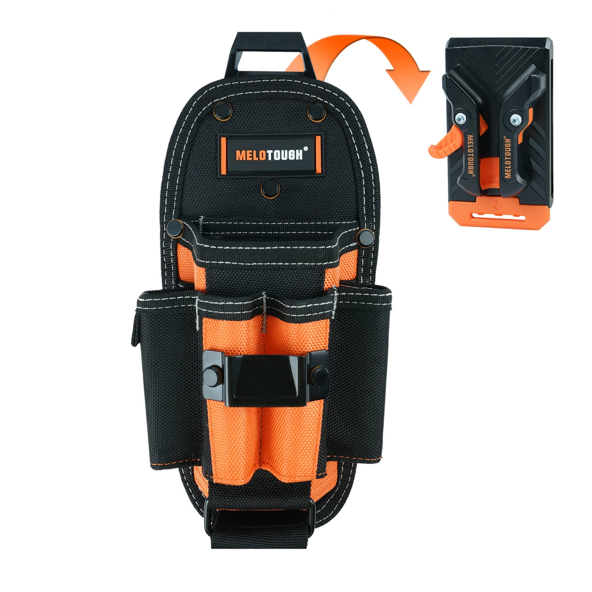 Black and orange tool pouch with a quick-release belt clip and an attached tool.