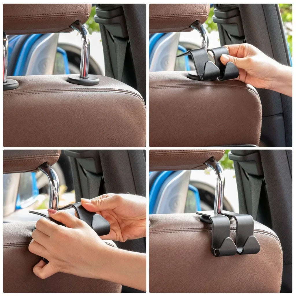 Close-up images showing universal car headrest hooks for securing handbags and coats on a vehicle seat.