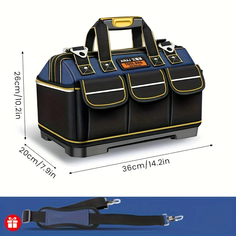A dark blue heavy-duty waterproof tool bag with black accents and carrying straps shown from the top view.