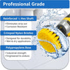 A close-up of a yellow drill brush with reinforced hex shaft and crimped nylon bristles being used for cleaning.