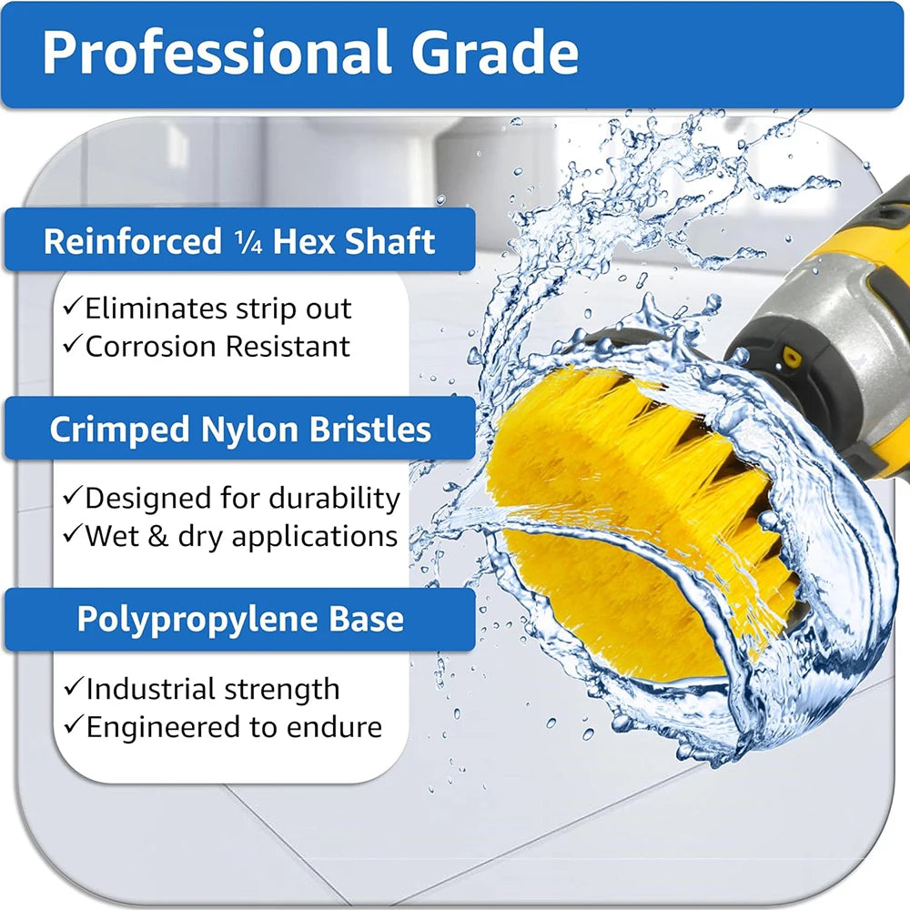 A close-up of a yellow drill brush with reinforced hex shaft and crimped nylon bristles being used for cleaning.