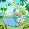 A colorful dinosaur themed foldable pop-up play tent for kids set in a lush outdoor environment.