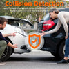 A woman is inspecting a car after a collision, demonstrating the automatic recording feature of a dash cam.