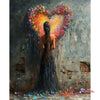 A woman with long hair stands before a vibrant heart made of colorful flowers on a textured wall.