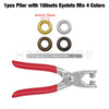 A set of pliers with 100 eyelets, including four colors of 4mm metal eyelets.