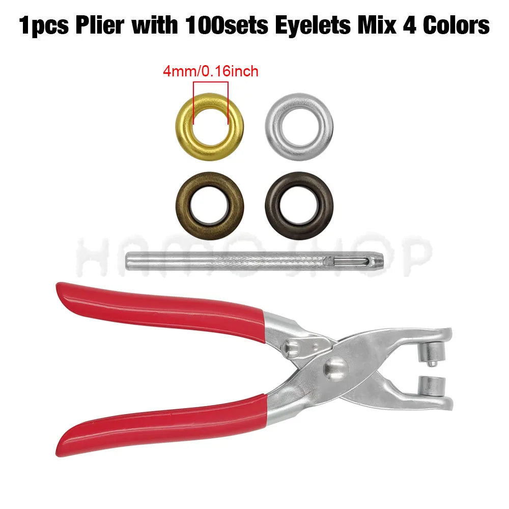 A set of pliers with 100 eyelets, including four colors of 4mm metal eyelets.
