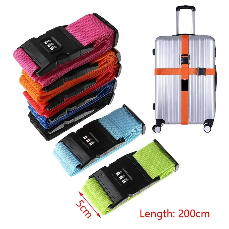 A set of colorful adjustable luggage straps with combination locks and a silver rolling suitcase.