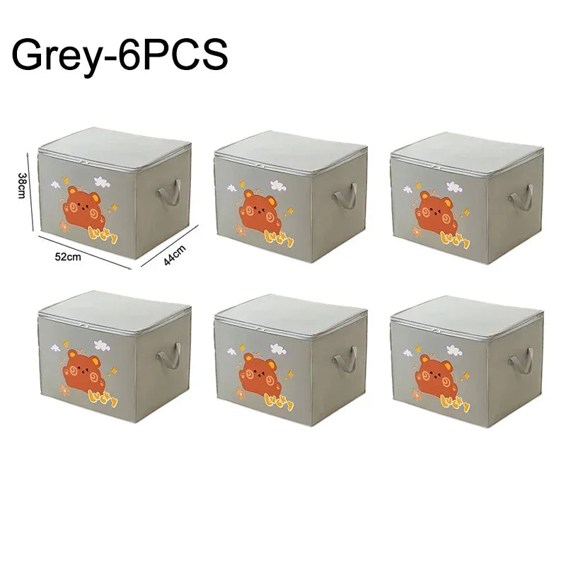 Six grey foldable storage bags featuring an orange bear design, measuring 38cm x 52cm.