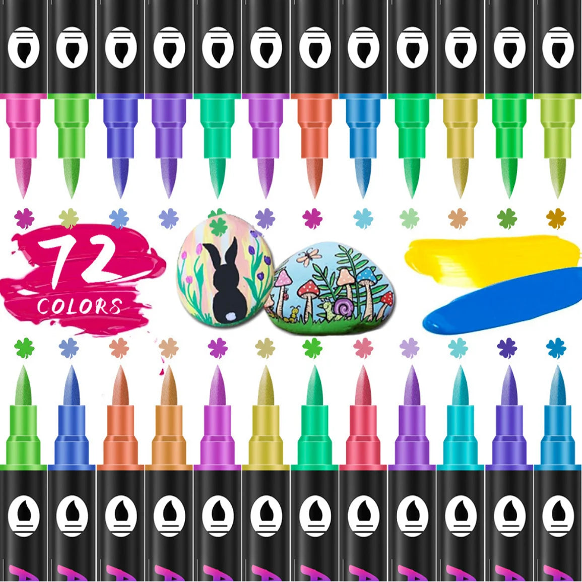 A set of dual-tip acrylic paint markers in various colors arranged in a row.