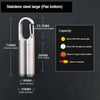 Stainless steel pill capsule with a hanging buckle, showing internal and external dimensions.