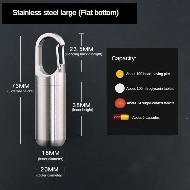 Stainless steel pill capsule with a hanging buckle, showing internal and external dimensions.