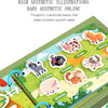 A colorful illustration of various farm animals like a horse, cow, turkey, dog, cat, and sheep on a Montessori quiet book pag