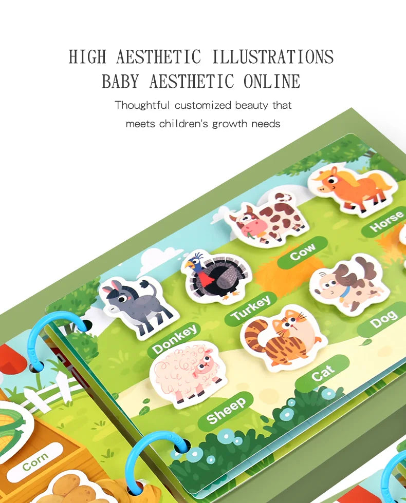 A colorful illustration of various farm animals like a horse, cow, turkey, dog, cat, and sheep on a Montessori quiet book pag