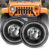 Orange Jeep headlight assembly with a round LED lens and DRL halo light.
