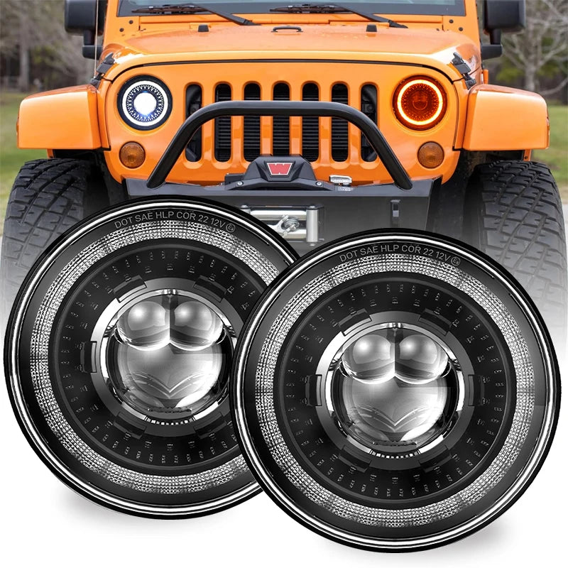 Orange Jeep headlight assembly with a round LED lens and DRL halo light.