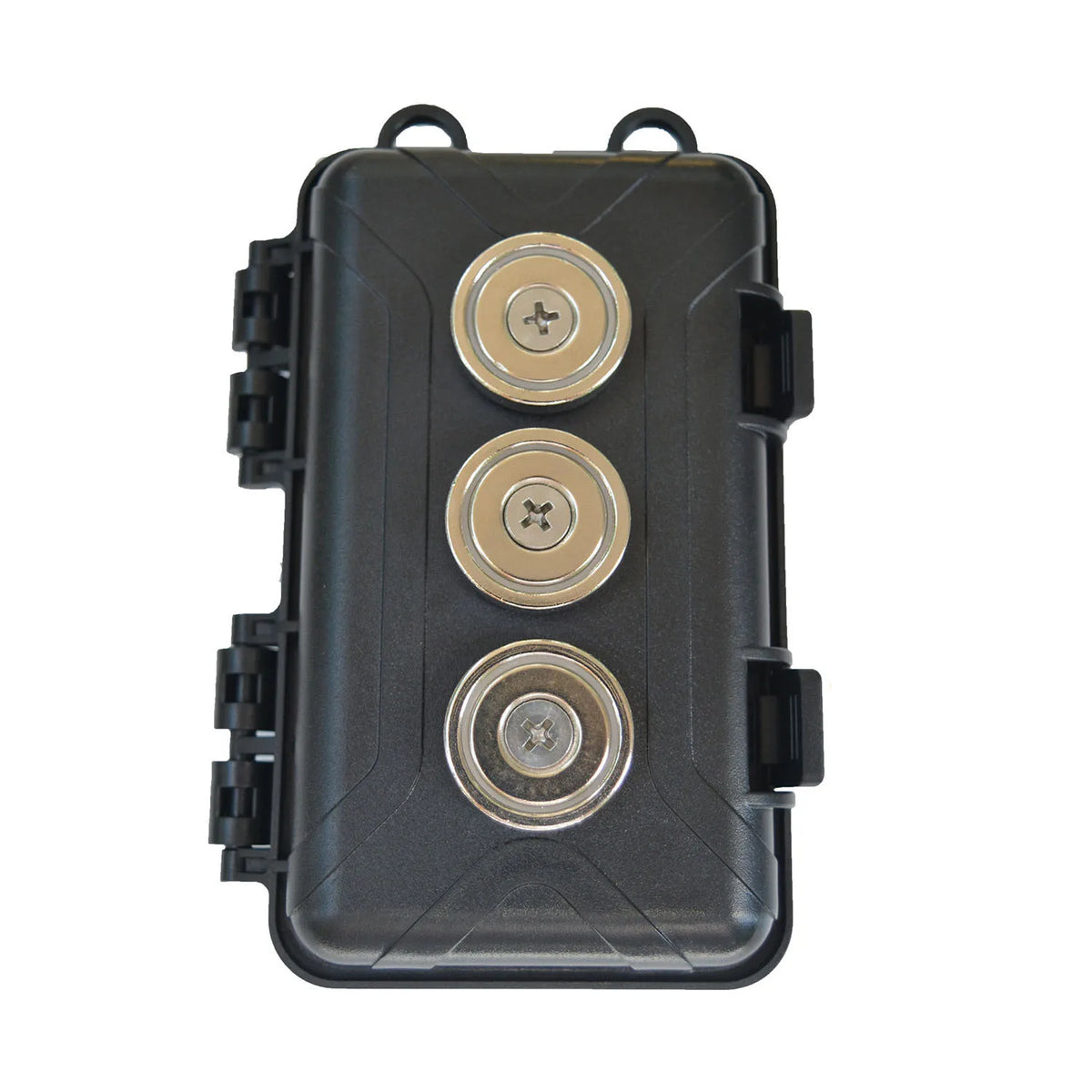 Black magnetic key hider box with three circular indentations for under-car storage