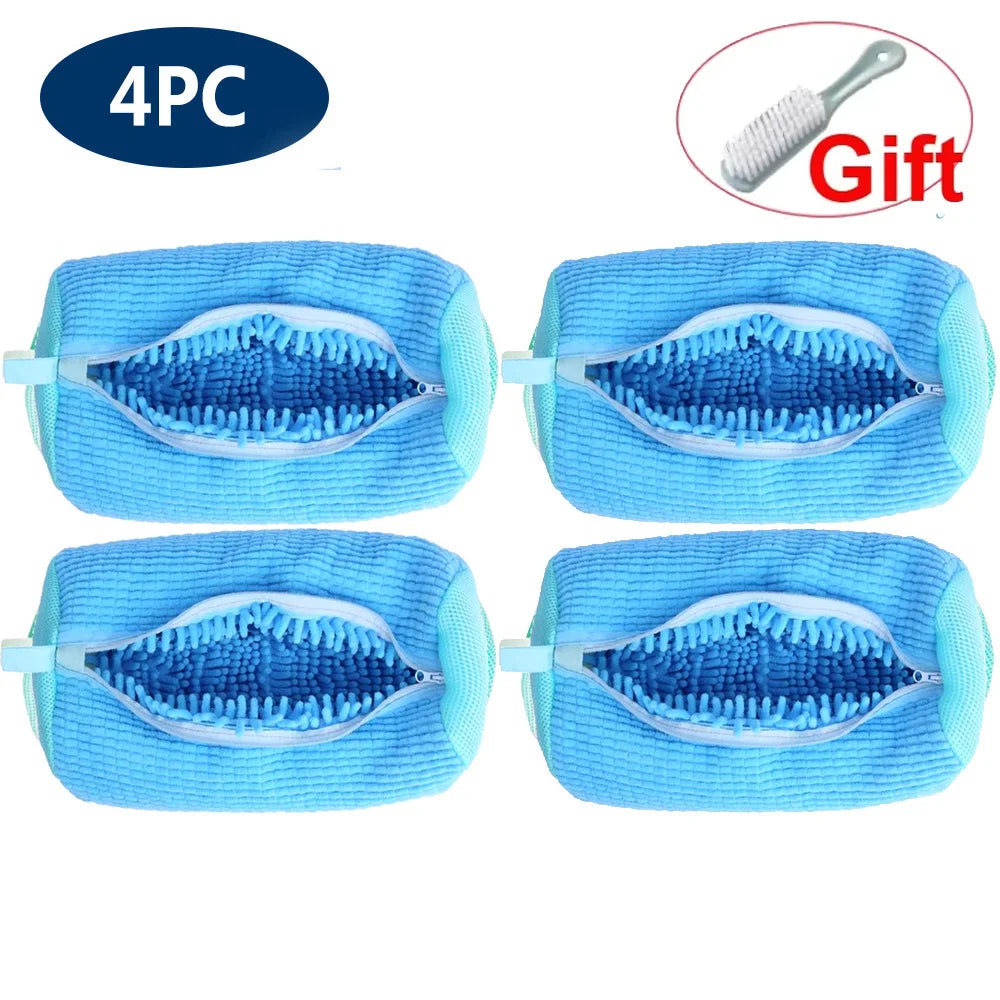 Four blue reusable mesh shoe laundry bags with handles shown for washing and drying shoes.
