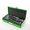 A green case holding a Pro'skit 23-piece ratcheting socket and Allen wrench set with a silver handle.