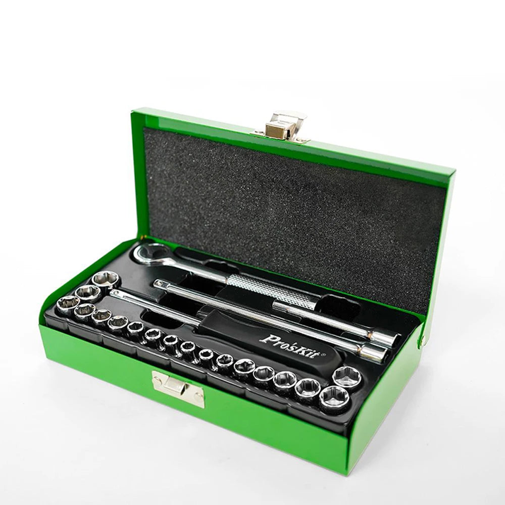 A green case holding a Pro'skit 23-piece ratcheting socket and Allen wrench set with a silver handle.
