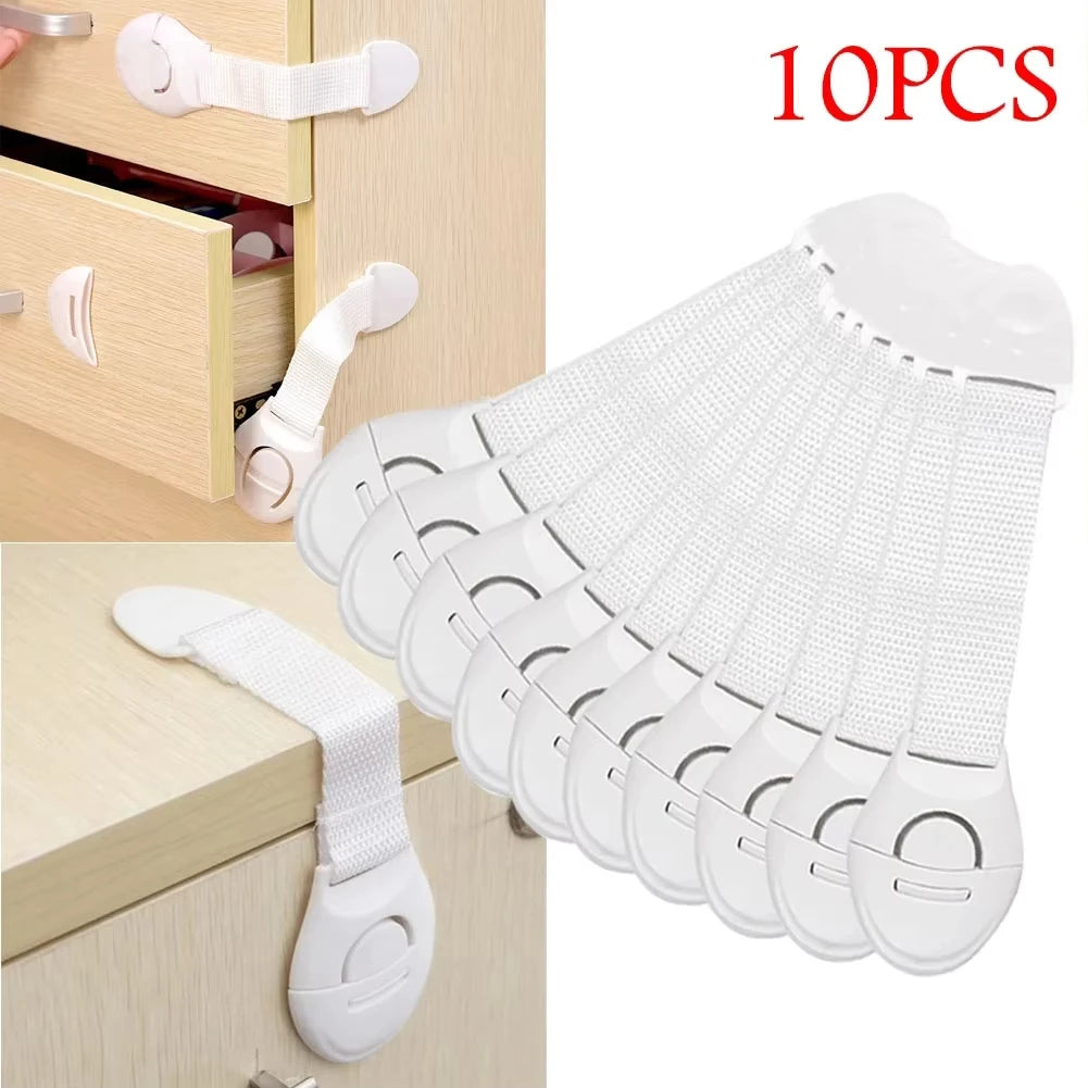 Ten white child safety cabinet locks designed to secure drawers and doors