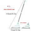 A silicone squeegee broom with a long adjustable handle and two scrapers shown in detail.