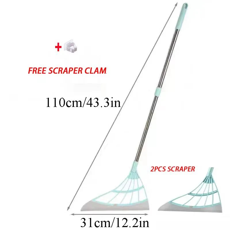 A silicone squeegee broom with a long adjustable handle and two scrapers shown in detail.