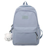A light blue waterproof nylon laptop backpack featuring a small white plush toy attached to the zipper.